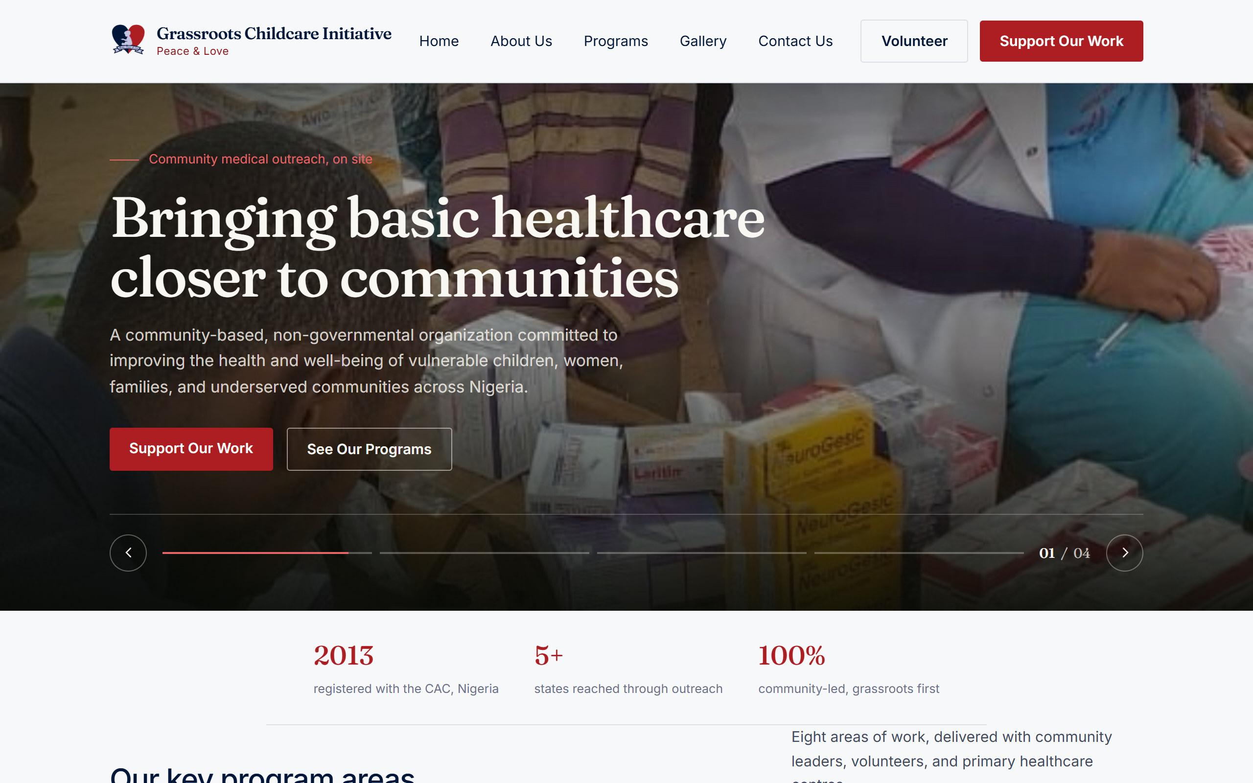 GCCI homepage: “Bringing basic healthcare closer to communities” over a photo of a community medical outreach, with Support Our Work and See Our Programs buttons